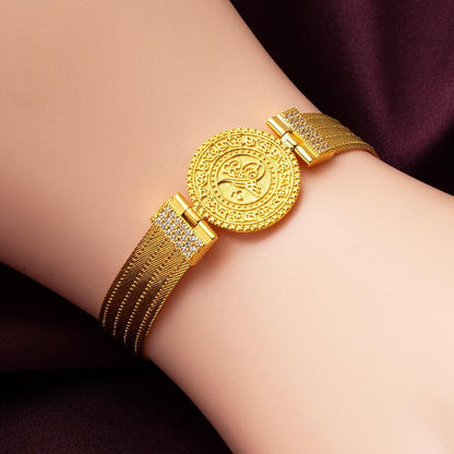 14K Yellow Gold Ottoman Tughra 5 Row Trabzon Mesh Cubic Zirconia Bracelet