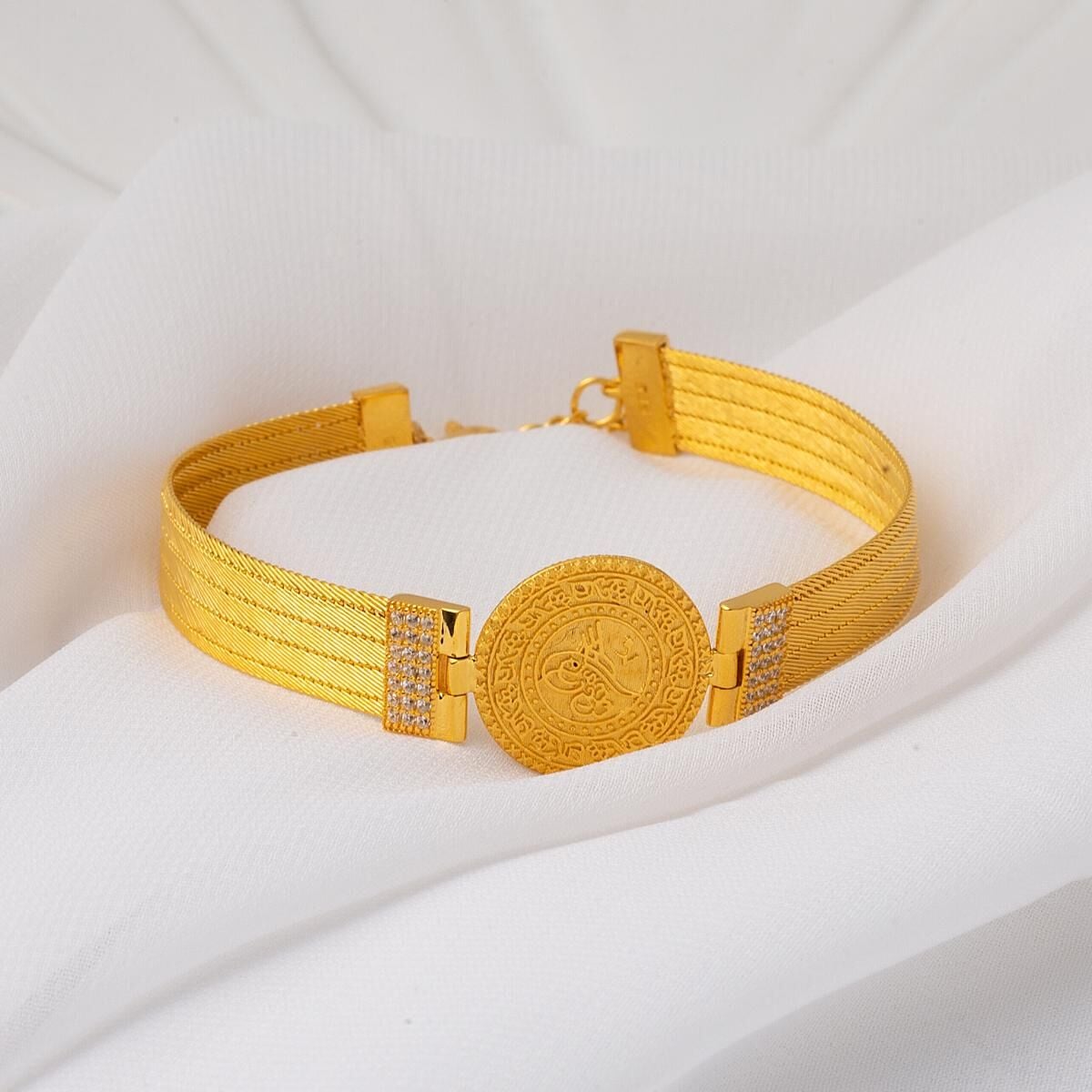 14K Yellow Gold Ottoman Tughra 5 Row Trabzon Mesh Cubic Zirconia Bracelet