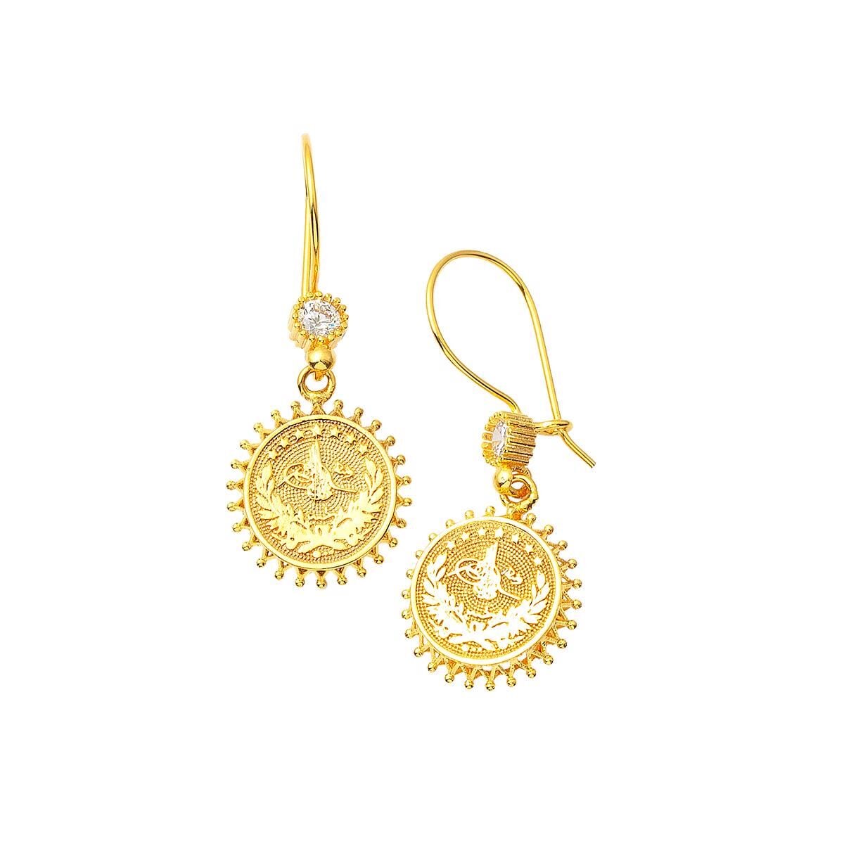 14K Yellow Gold Ottoman Tughra Drop Cubic Zirconia Earrings
