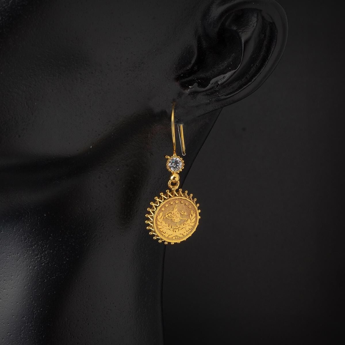 14K Yellow Gold Ottoman Tughra Drop Cubic Zirconia Earrings