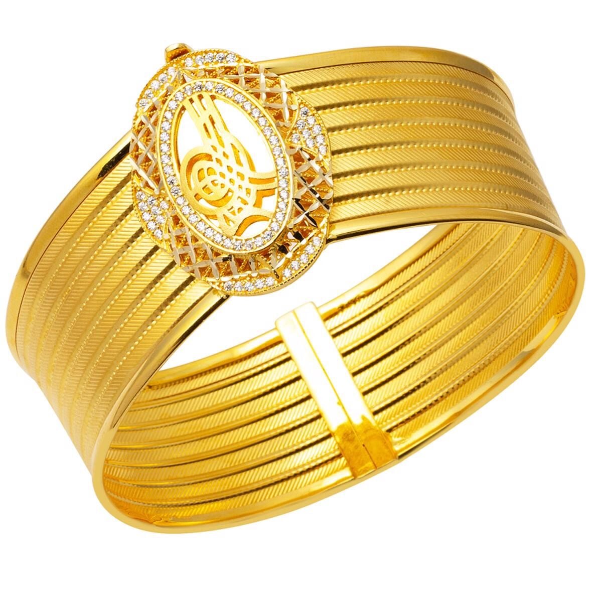 14K Yellow Gold Ottoman Tughra Mesh Cubic Zirconia Hinged Cuff Bangle (23.43 g)