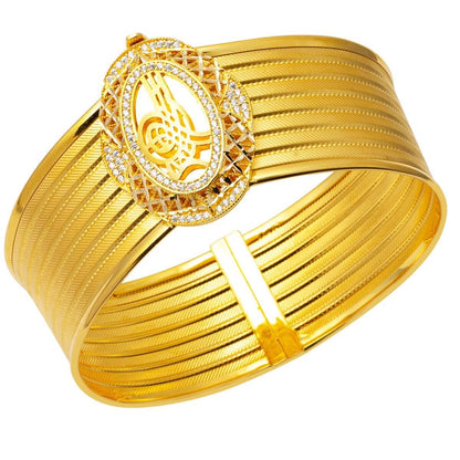 14K Yellow Gold Ottoman Tughra Mesh Cubic Zirconia Hinged Cuff Bangle (23.43 g)