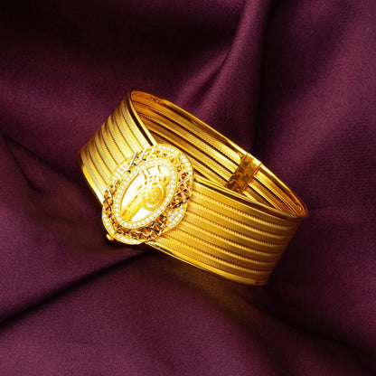 14K Yellow Gold Ottoman Tughra Mesh Cubic Zirconia Hinged Cuff Bangle (23.43 g)