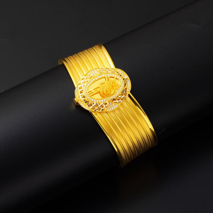 14K Yellow Gold Ottoman Tughra Mesh Cubic Zirconia Hinged Cuff Bangle (23.43 g)