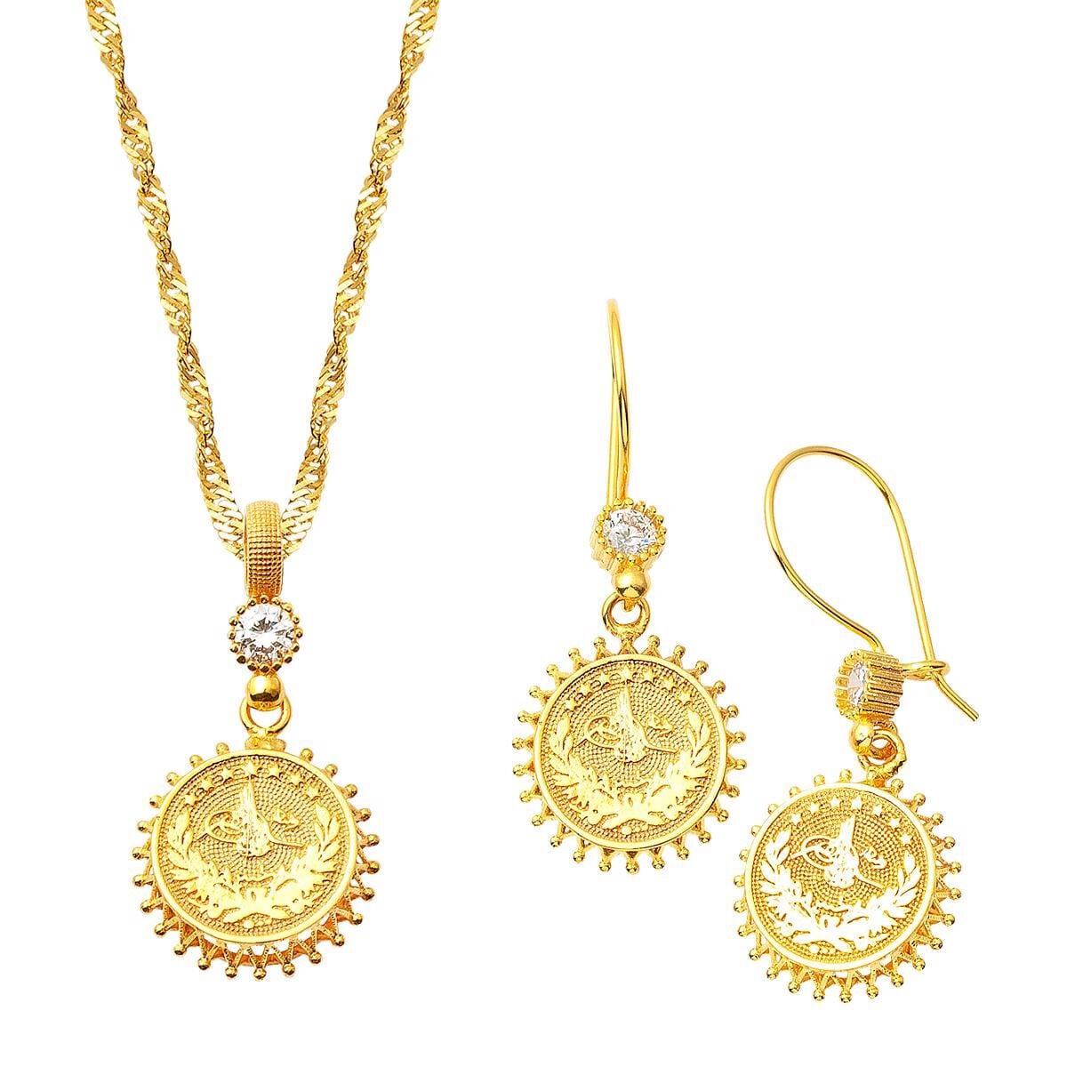 14K Yellow Gold Ottoman Tughra Necklace and Earrings Set with Cubic Zirconia
