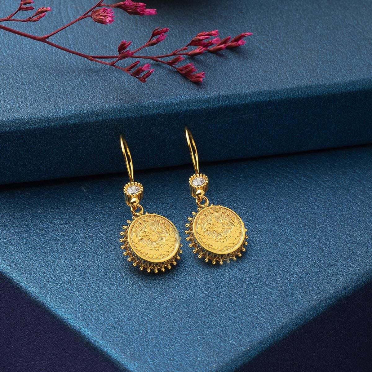 14K Yellow Gold Ottoman Tughra Necklace and Earrings Set with Cubic Zirconia