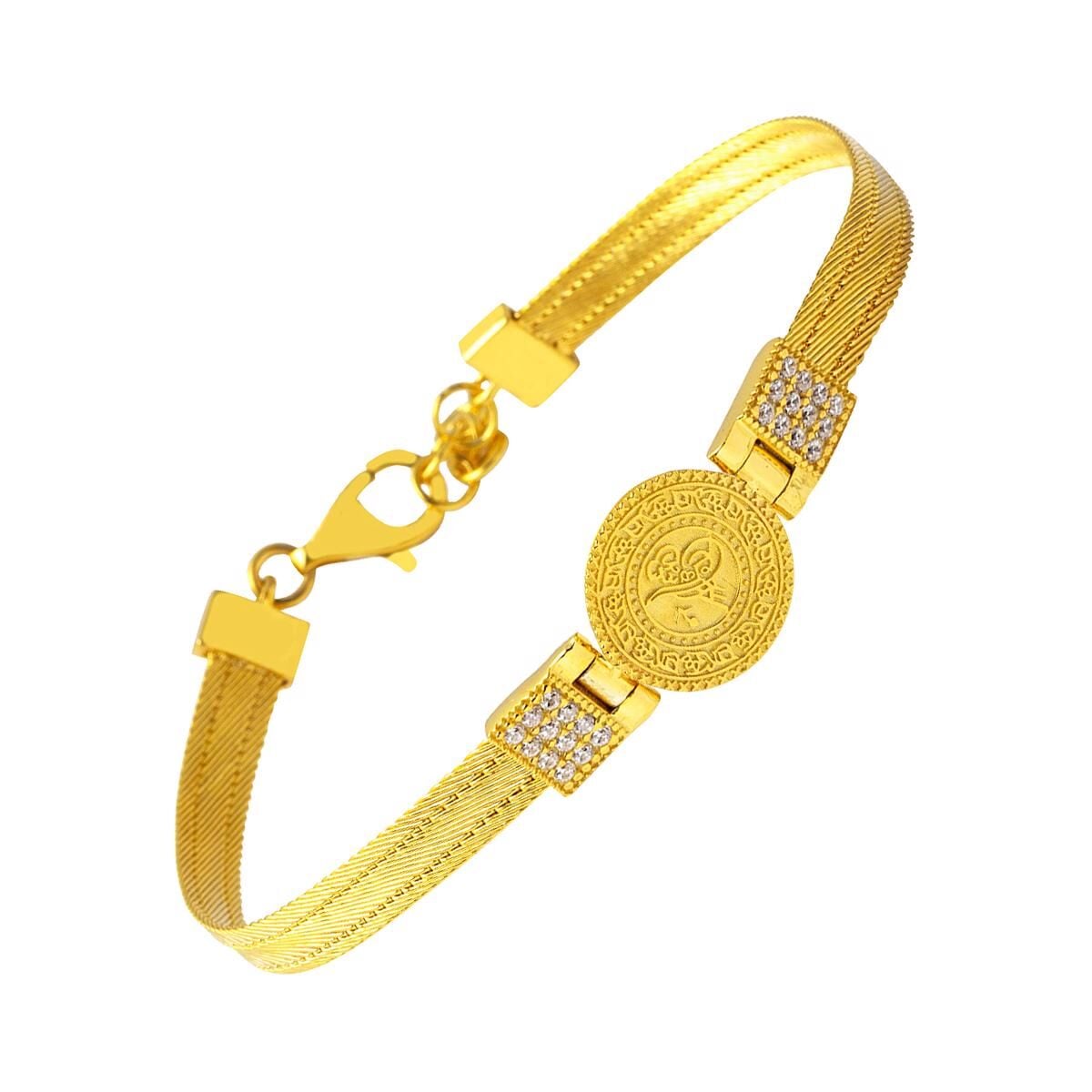 22K Yellow Gold Ottoman Tughra Trabzon Mesh Cubic Zirconia Bracelet (14 g)