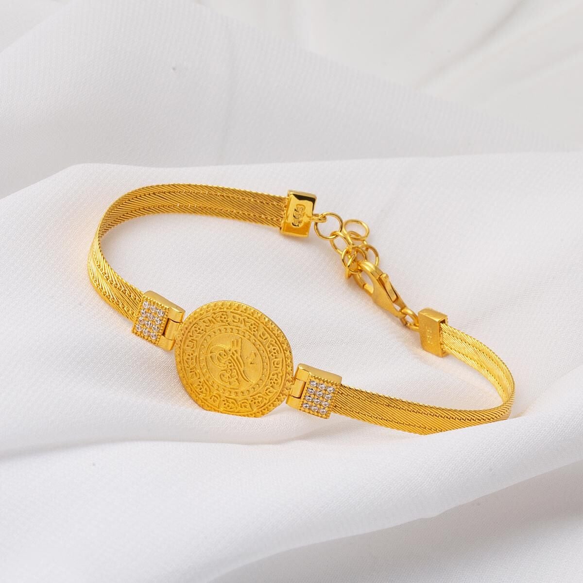 22K Yellow Gold Ottoman Tughra Trabzon Mesh Cubic Zirconia Bracelet (14 g)
