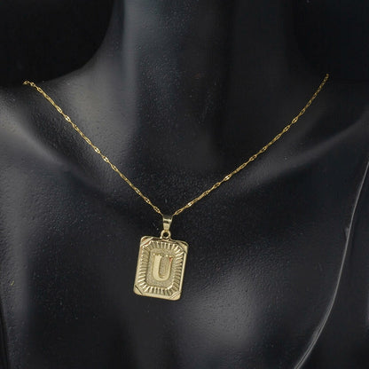 14K Yellow Gold Square Plate Initial U Necklace
