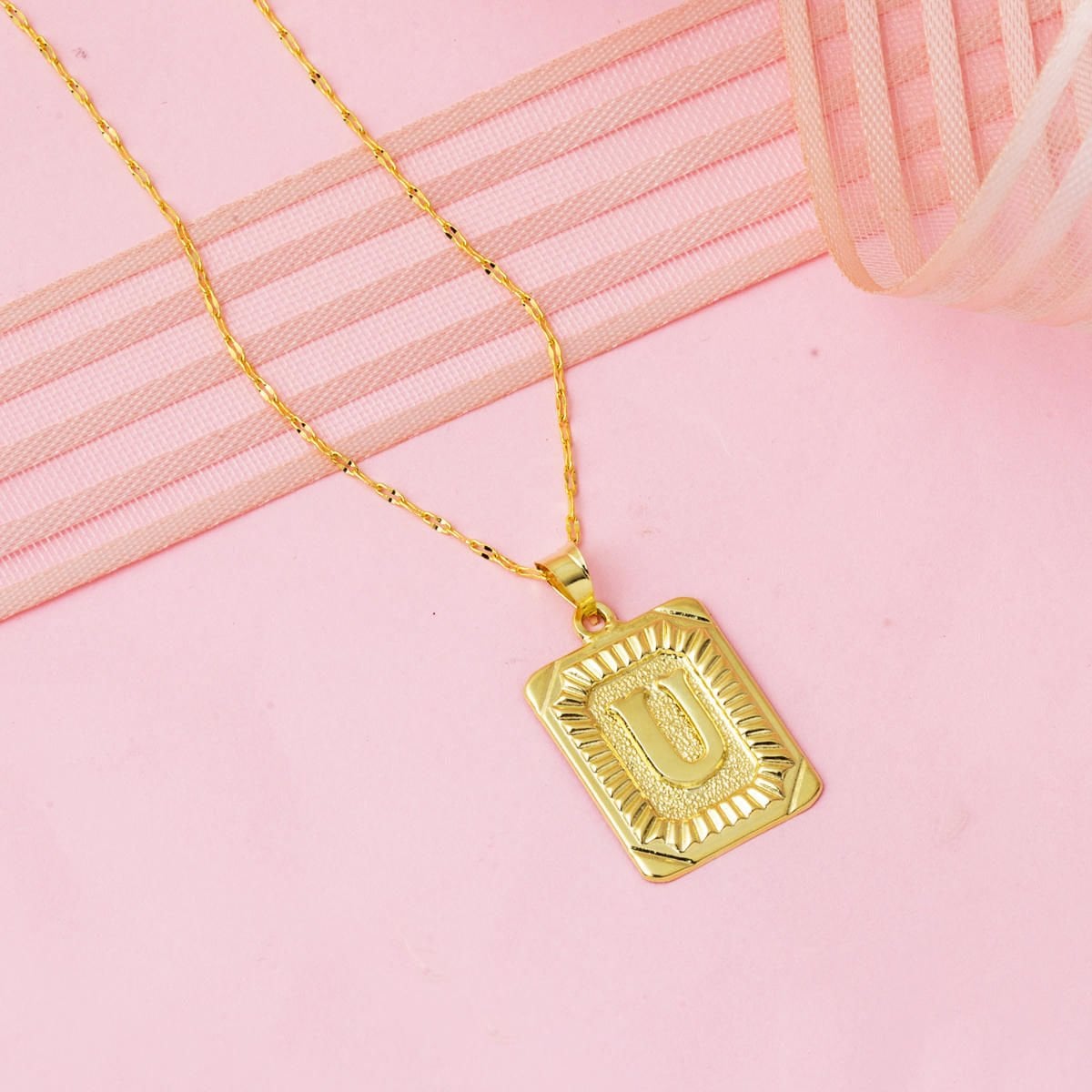 14K Yellow Gold Square Plate Initial U Necklace