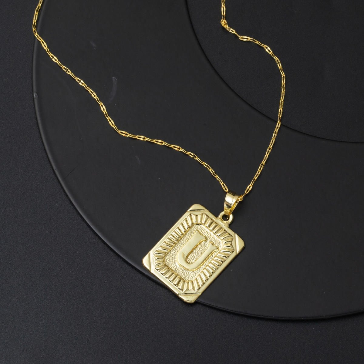 14K Yellow Gold Square Plate Initial U Necklace