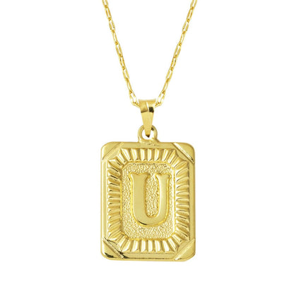 14K Yellow Gold Square Plate Initial U Necklace