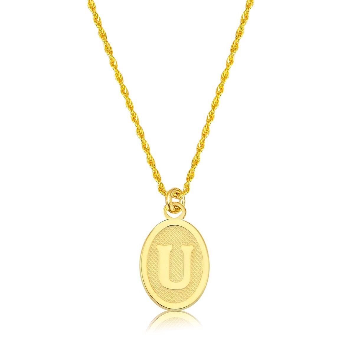 14K Yellow Gold U Initial Oval Necklace