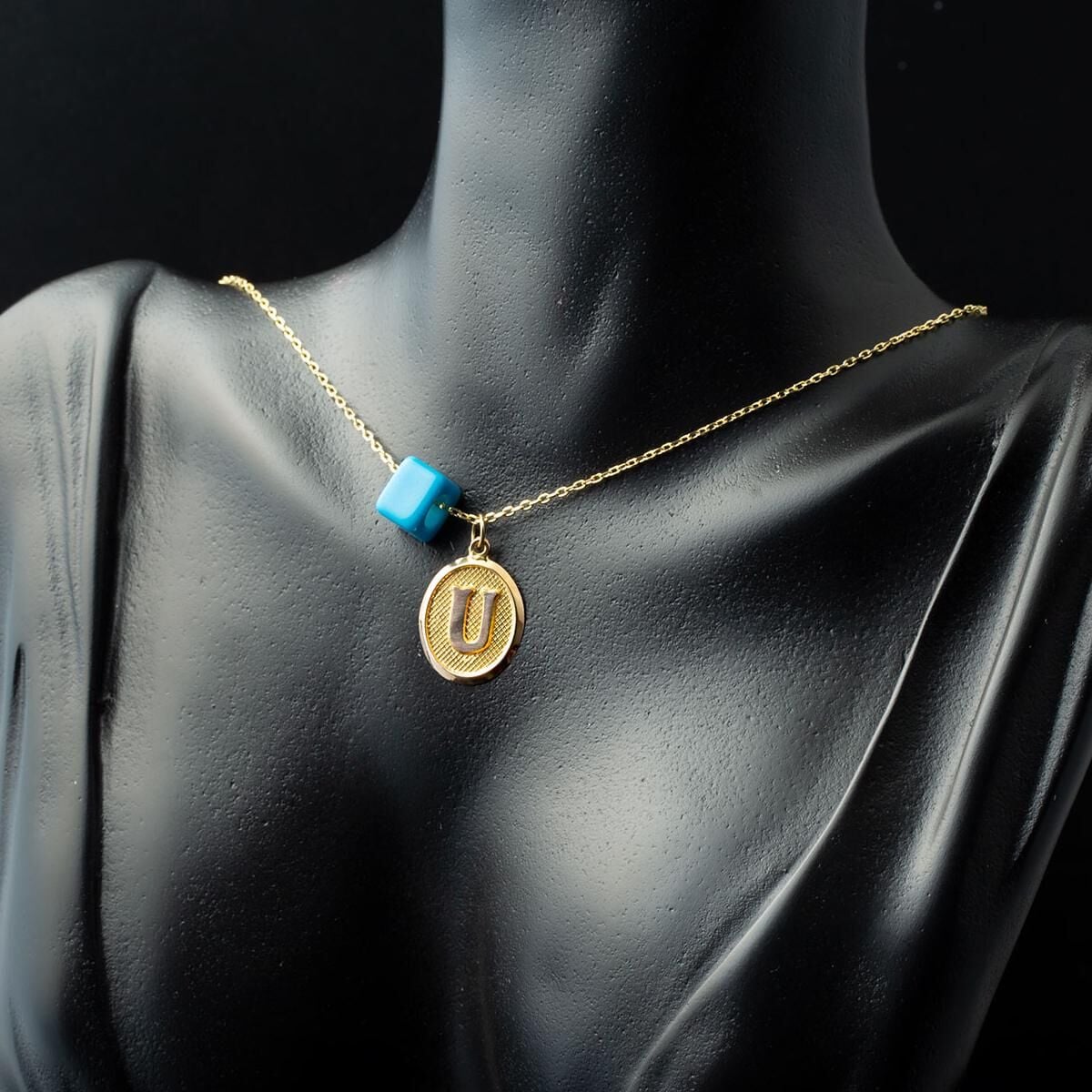 14K Yellow Gold U Initial Oval Necklace