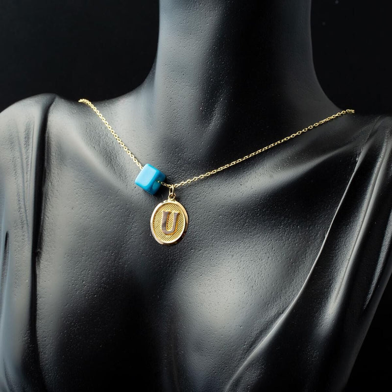 14K Yellow Gold U Initial Oval Necklace