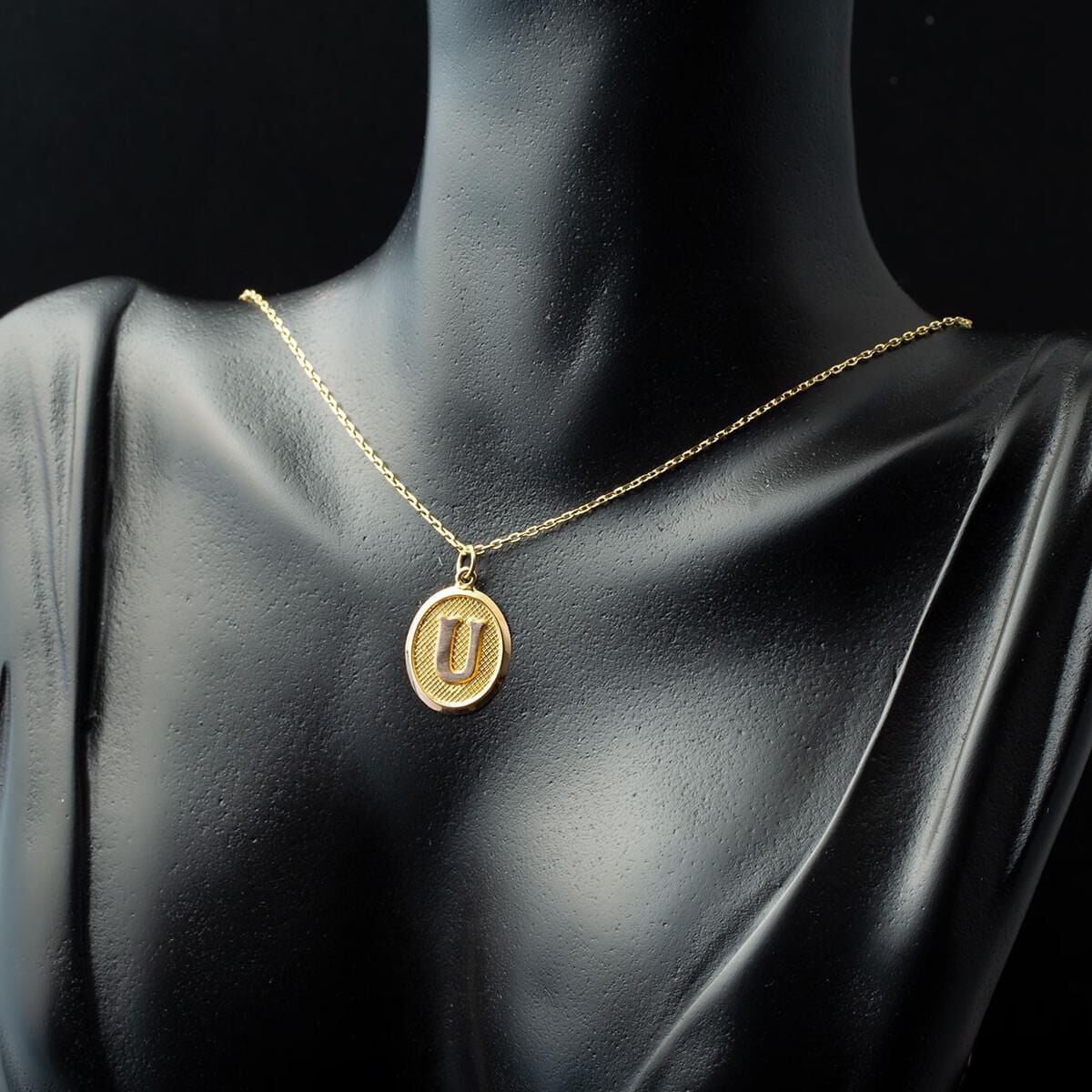 14K Yellow Gold U Initial Oval Necklace