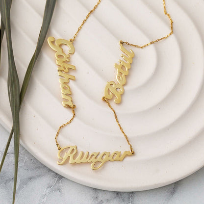 14K Yellow Gold Three Name Family Necklace