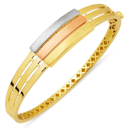 14K Yellow Gold Tri-Color Ribbed Hinged Cuff Bangle