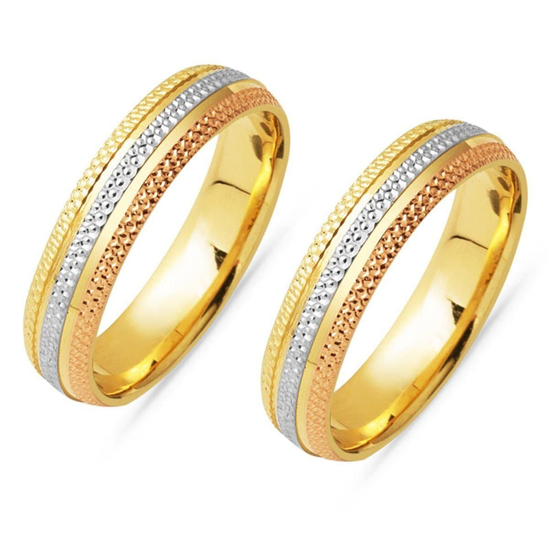 14K Yellow Gold Tri-Color Modern Double Wedding Band Set