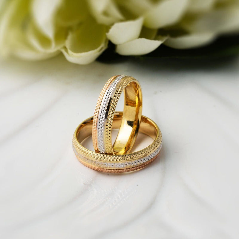 14K Yellow Gold Tri-Color Modern Double Wedding Band Set