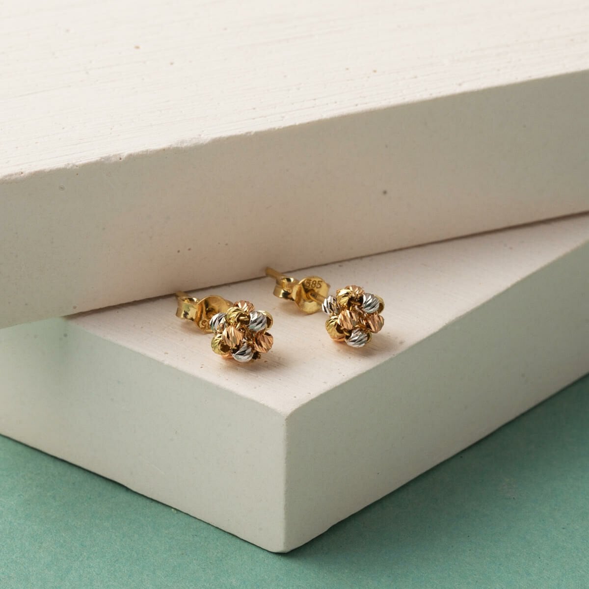 14K Yellow Gold Tri-Color Gold Bead Cluster Earrings