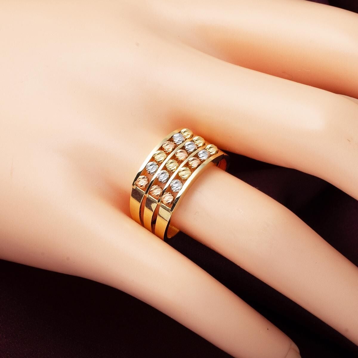14K Yellow Gold Three Row Gold Bead Ring