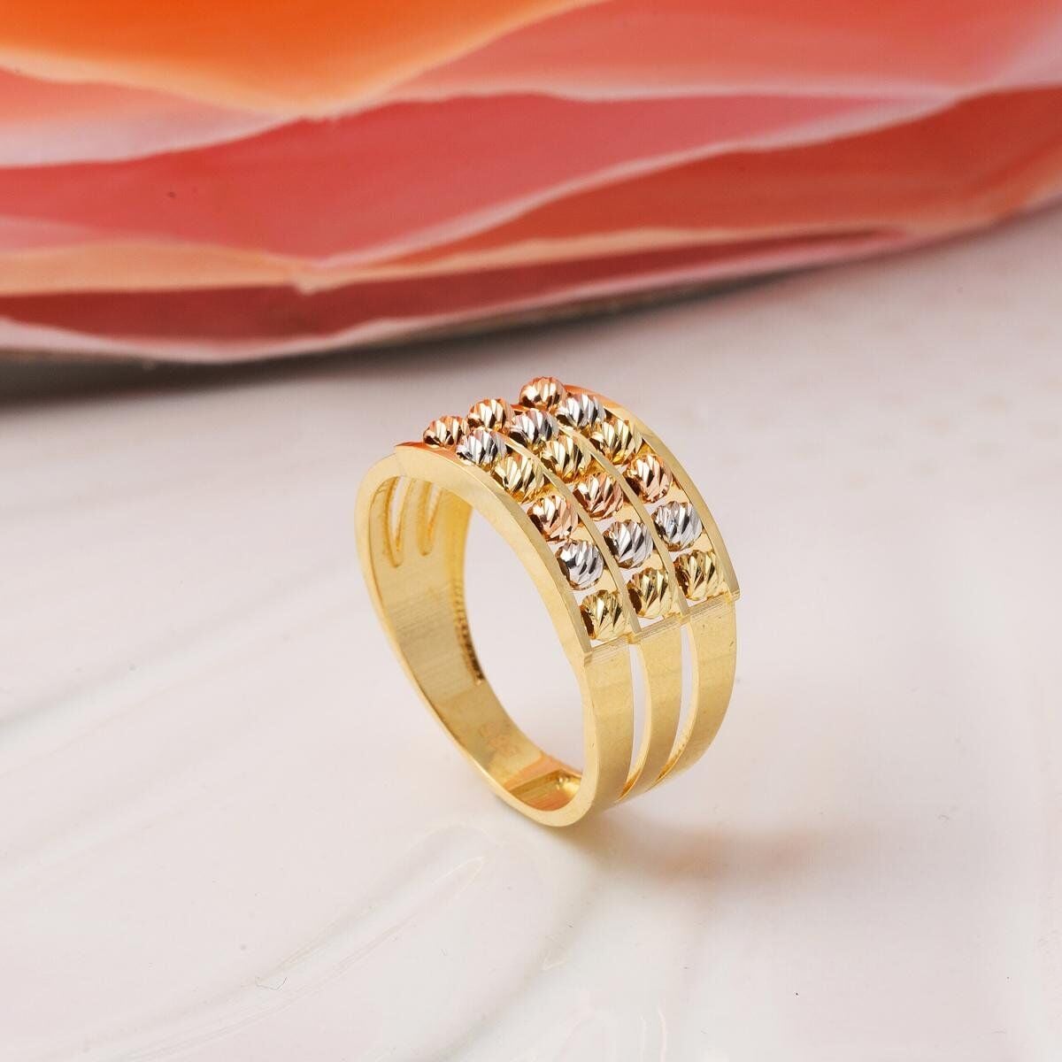 14K Yellow Gold Three Row Gold Bead Ring