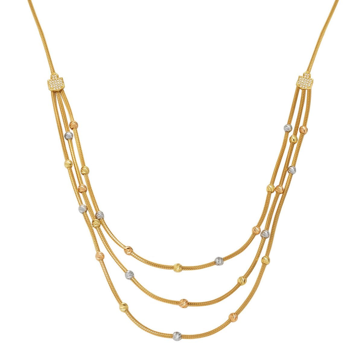 14K Yellow Gold Three Row Italian Chain Gold Bead Necklace
