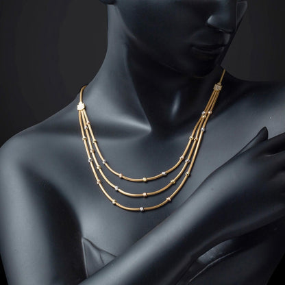 14K Yellow Gold Three Row Italian Chain Gold Bead Necklace