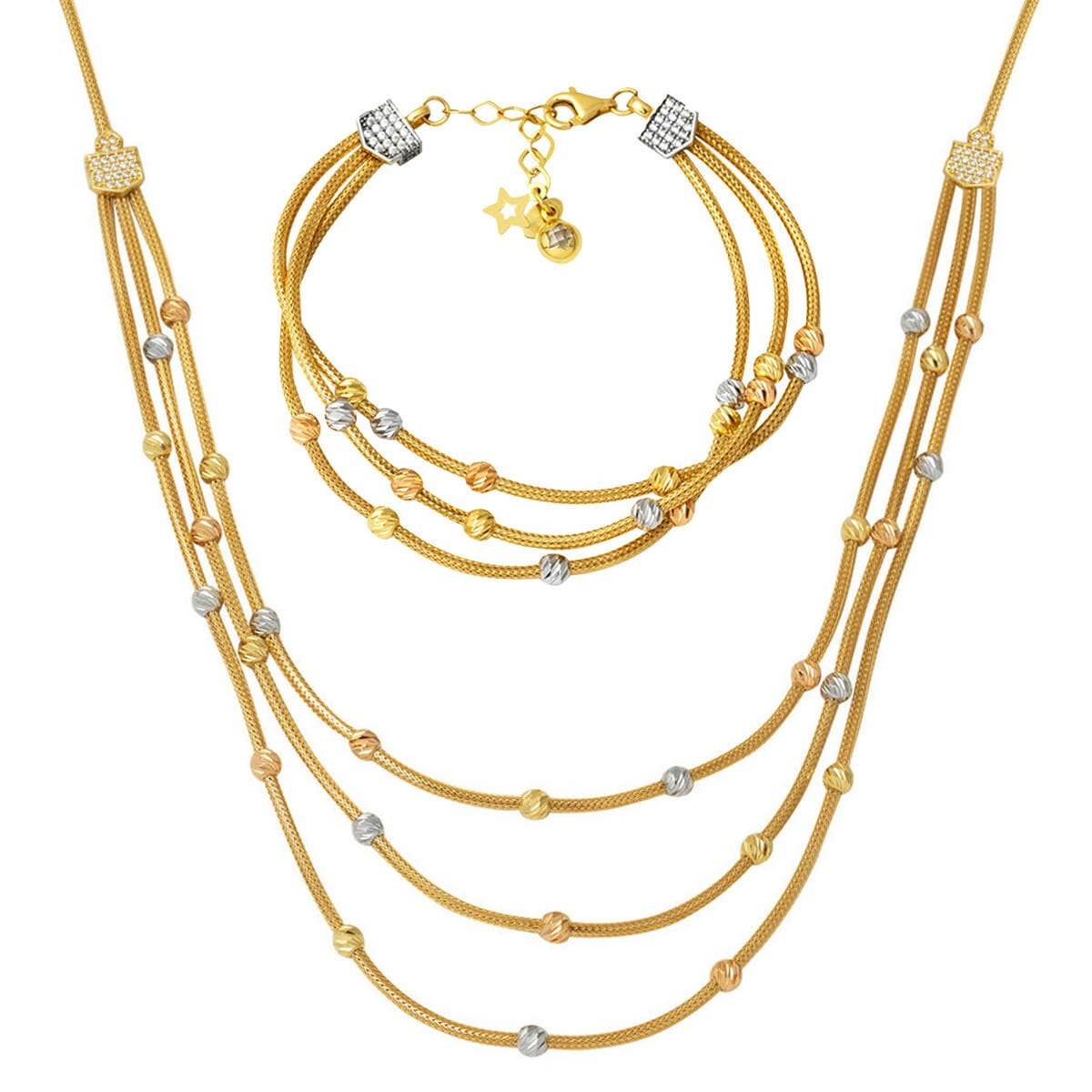 14K Yellow Gold Three Row Chain Gold Bead Cubic Zirconia Necklace and Bracelet Set