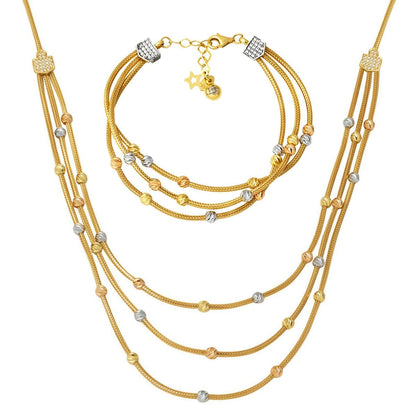 14K Yellow Gold Three Row Chain Gold Bead Cubic Zirconia Necklace and Bracelet Set
