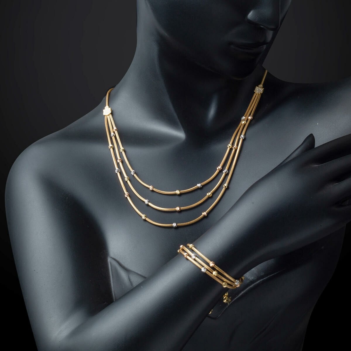 14K Yellow Gold Three Row Chain Gold Bead Cubic Zirconia Necklace and Bracelet Set