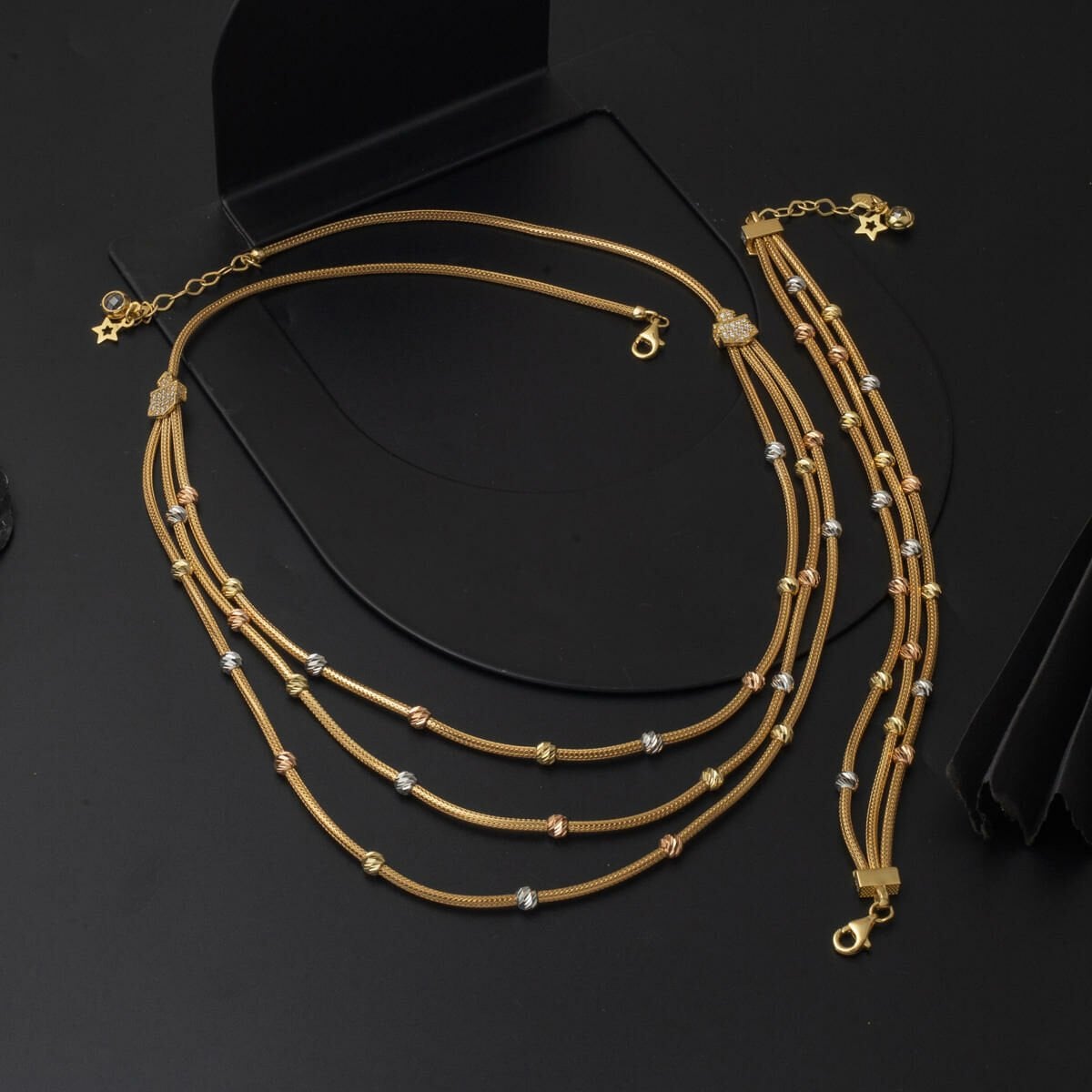 14K Yellow Gold Three Row Chain Gold Bead Cubic Zirconia Necklace and Bracelet Set