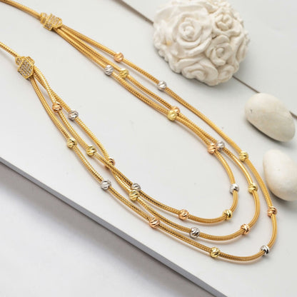 14K Yellow Gold Three Row Chain Gold Bead Cubic Zirconia Necklace and Bracelet Set