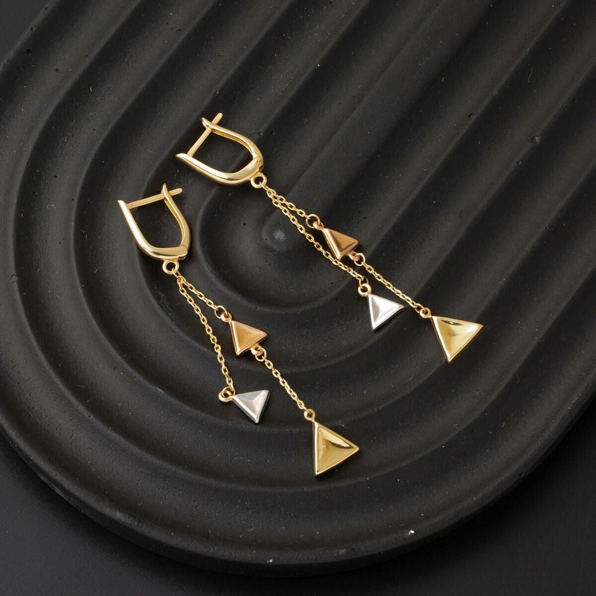 14K Yellow Gold Triangle Dangle Earrings