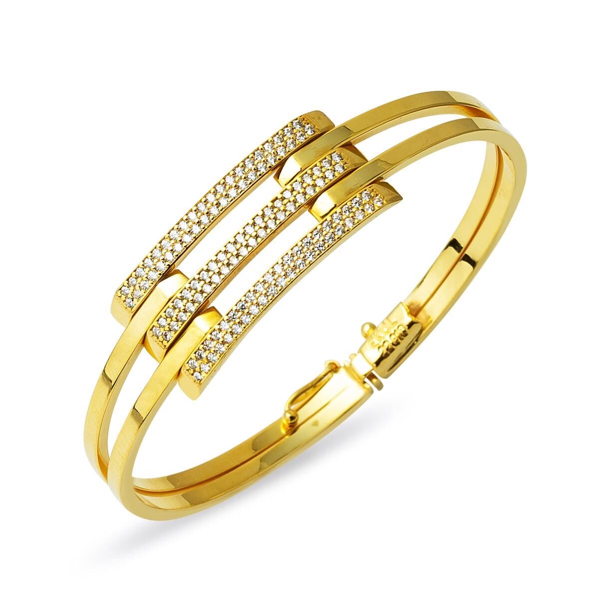 22K Yellow Gold 3-Piece Ribbed Cubic Zirconia Hinged Cuff Bangle