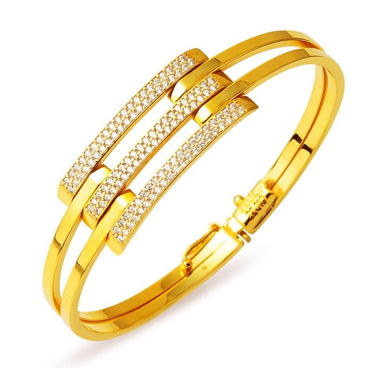 22K Yellow Gold 3-Piece Ribbed Cubic Zirconia Hinged Cuff Bangle