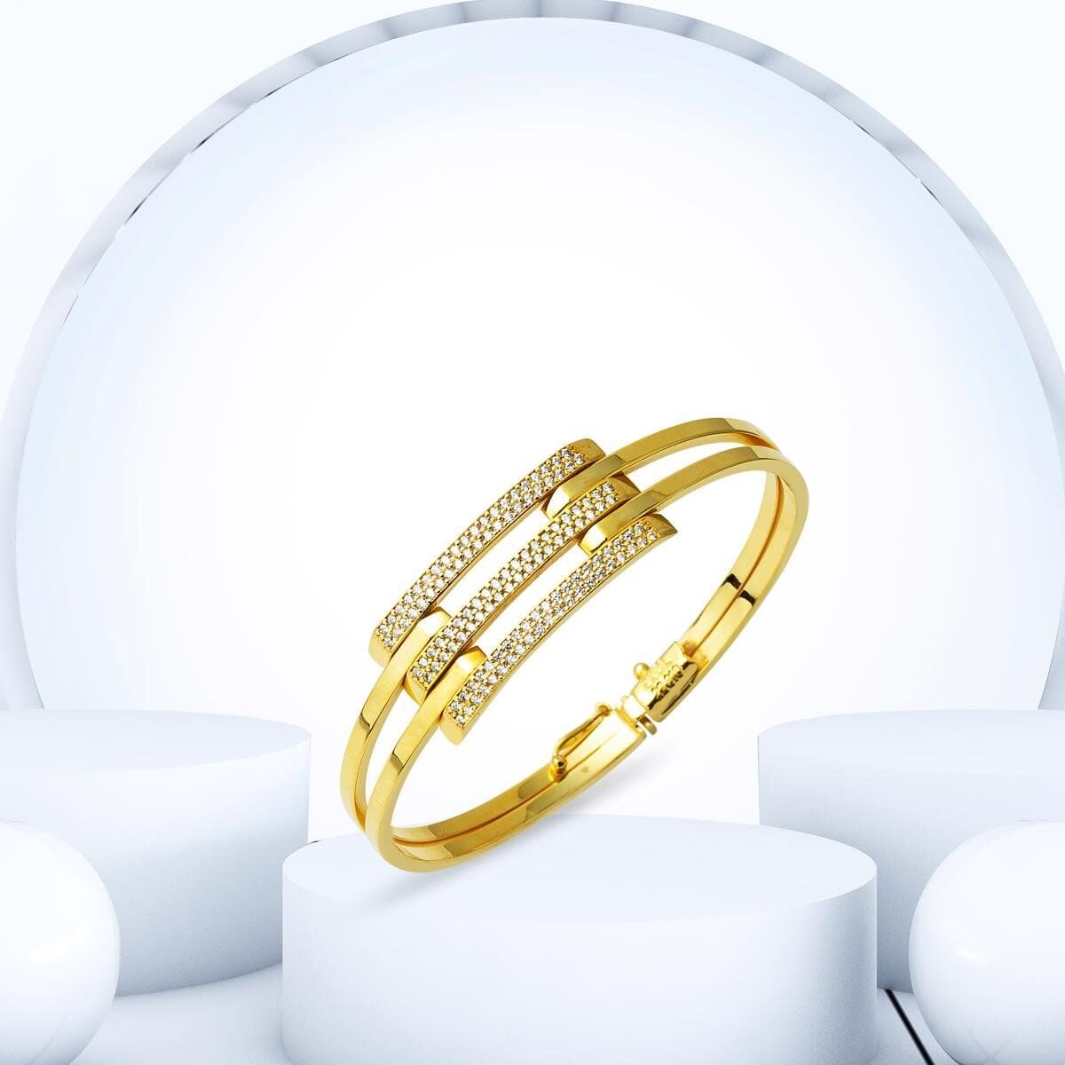 22K Yellow Gold 3-Piece Ribbed Cubic Zirconia Hinged Cuff Bangle