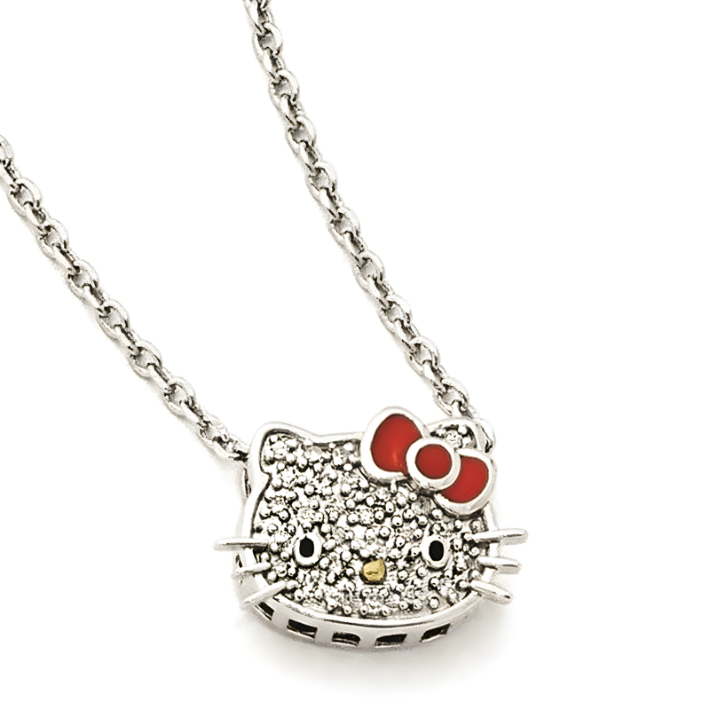 925 Sterling Silver Hello Kitty Natural Diamond Collection Red Enamel Pendant Necklace 16+2 Inch