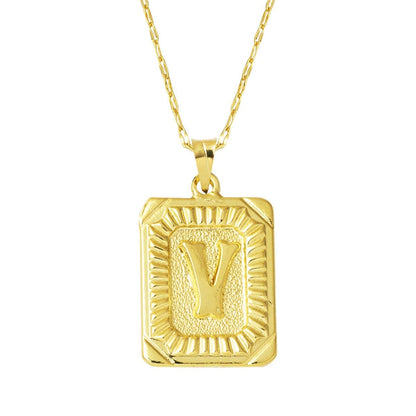 14K Yellow Gold Initial V Square Plate Necklace
