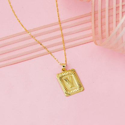 14K Yellow Gold Initial V Square Plate Necklace