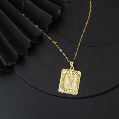 14K Yellow Gold Initial V Square Plate Necklace
