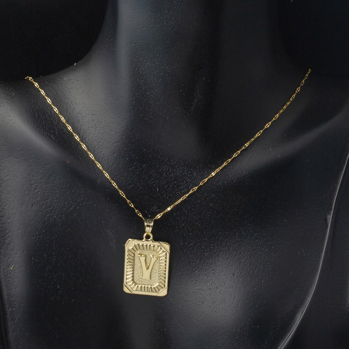 14K Yellow Gold Initial V Square Plate Necklace