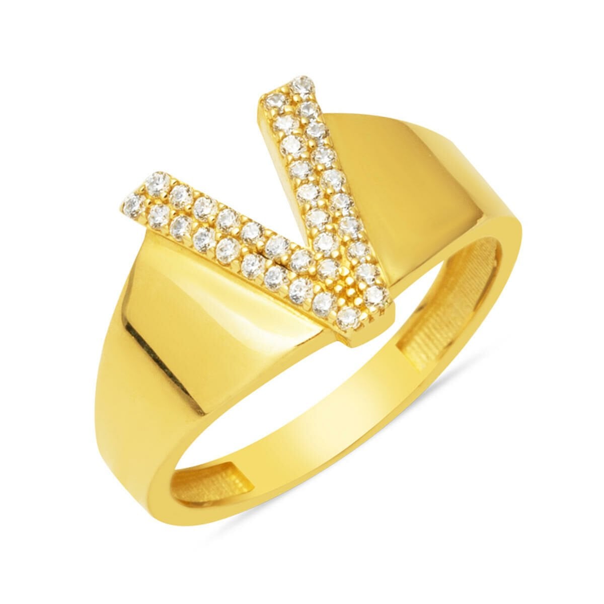 14K Yellow Gold Initial V Cubic Zirconia Ring
