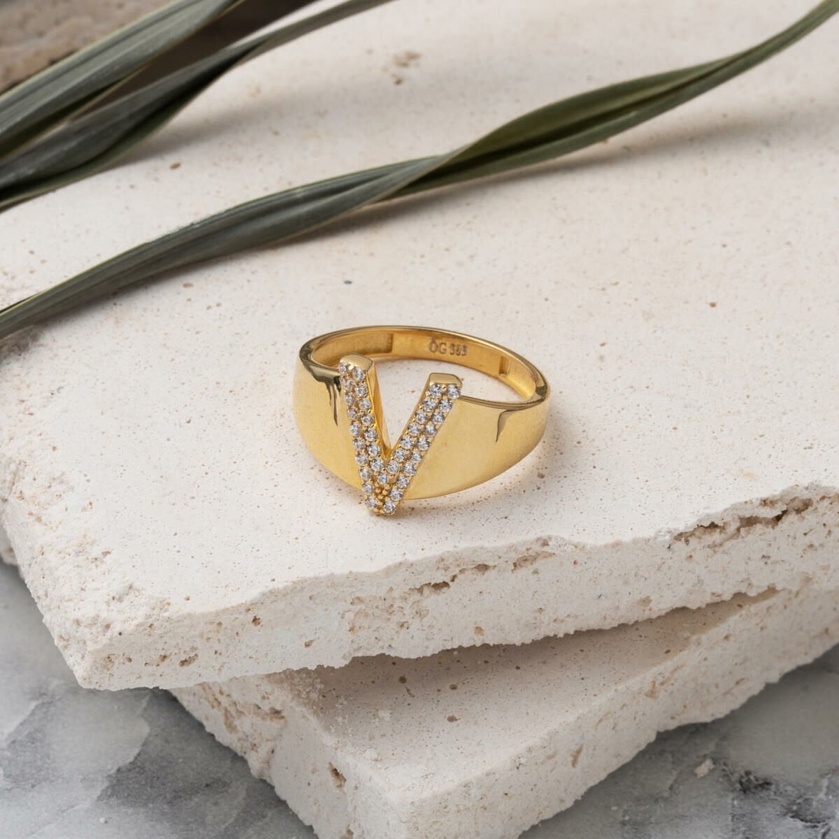 14K Yellow Gold Initial V Cubic Zirconia Ring