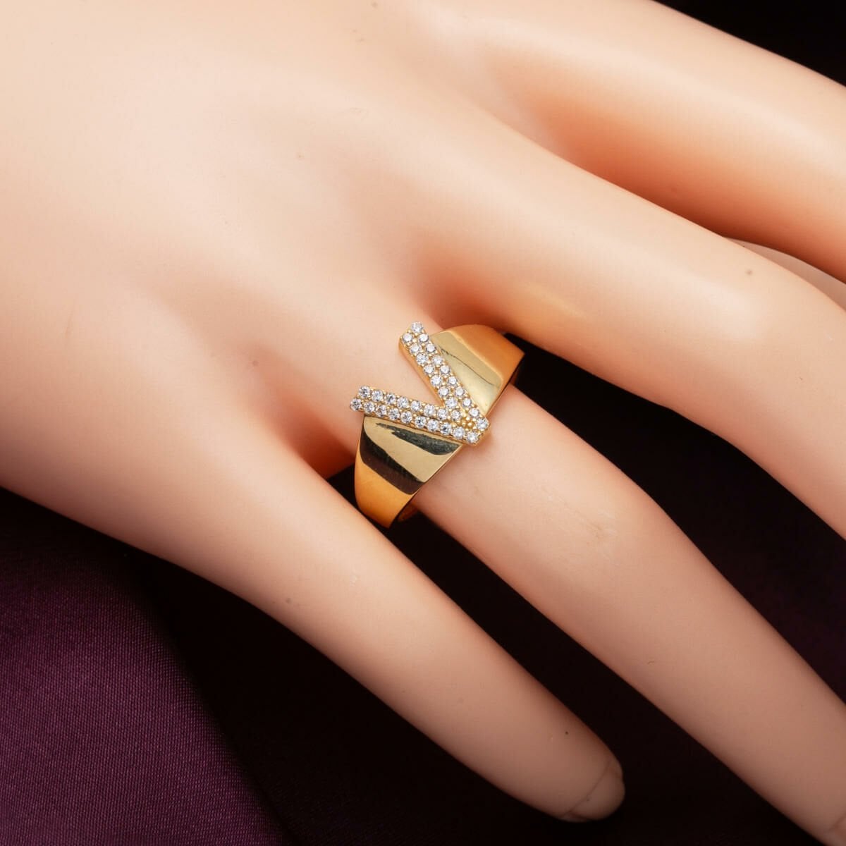 14K Yellow Gold Initial V Cubic Zirconia Ring