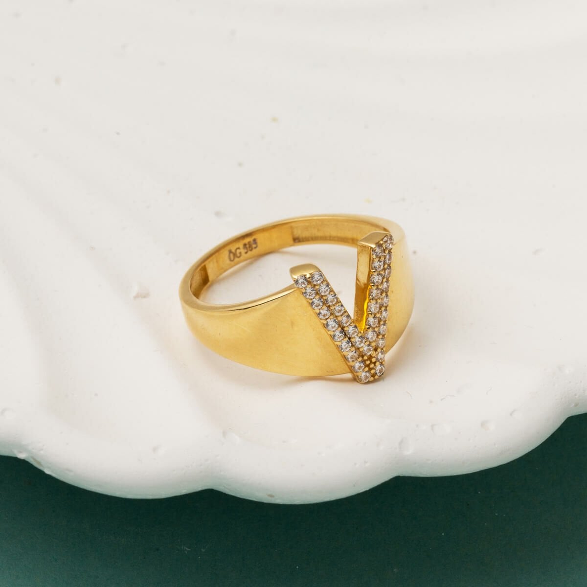 14K Yellow Gold Initial V Cubic Zirconia Ring