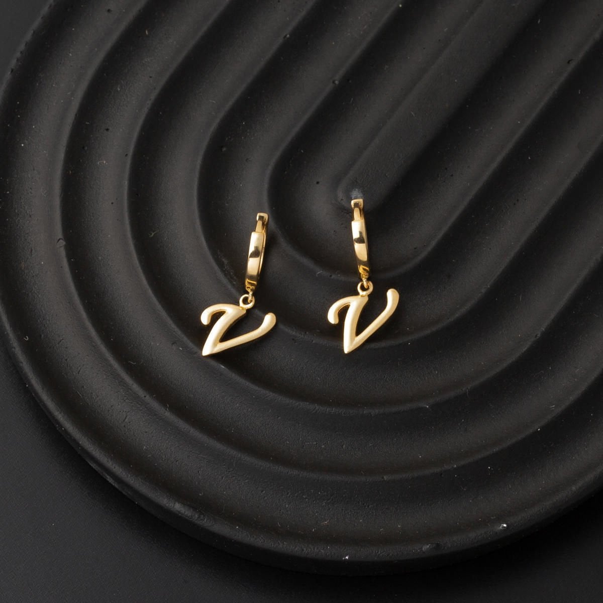 14K Yellow Gold V Initial Hoop Earrings