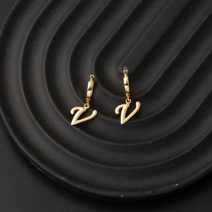 14K Yellow Gold V Initial Hoop Earrings