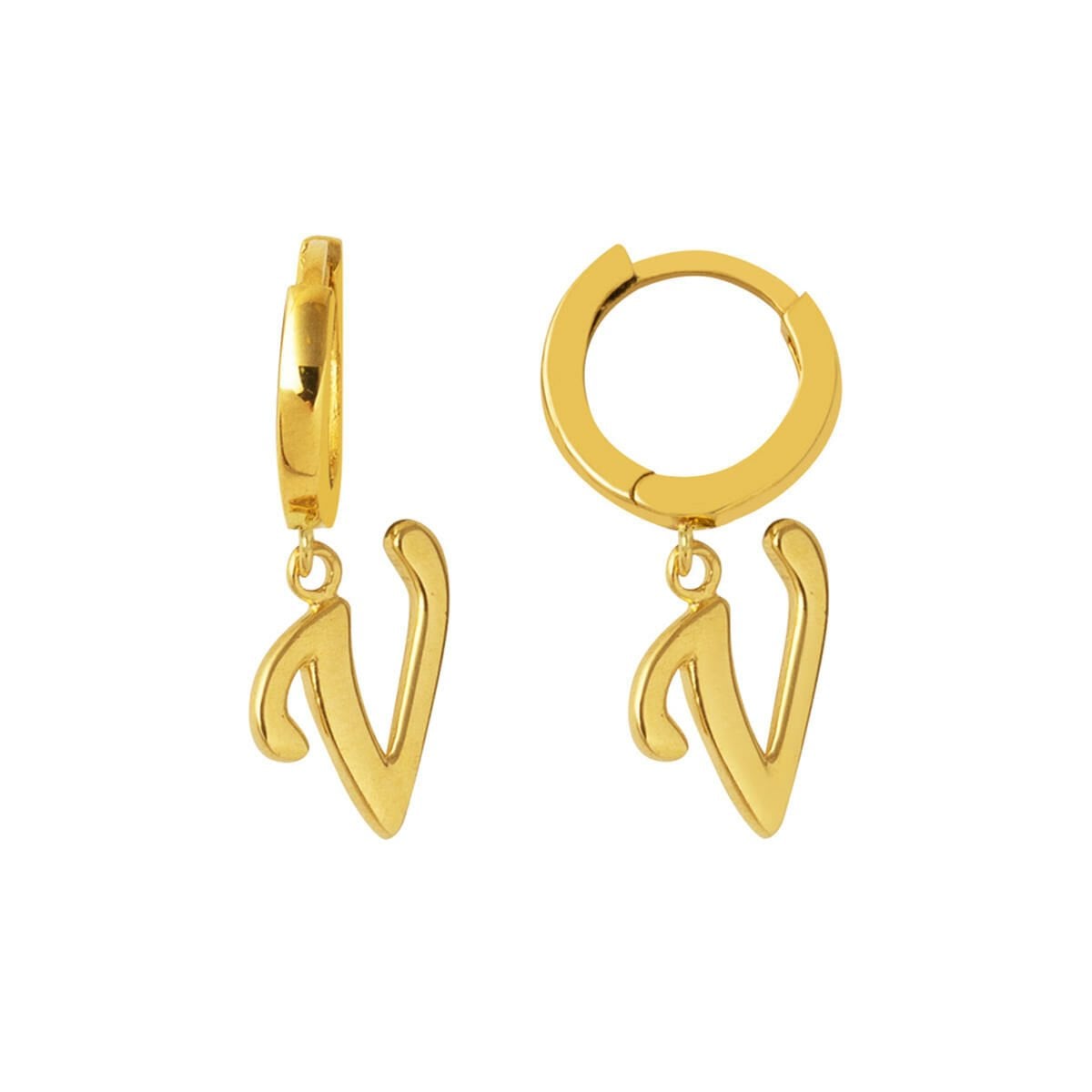 14K Yellow Gold V Initial Hoop Earrings